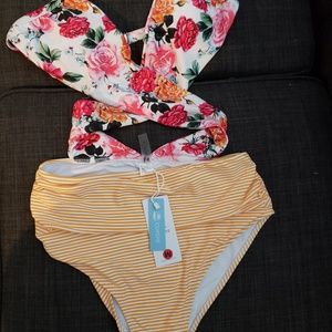 Magenta Floral and Striped One-Piece Swimsuit